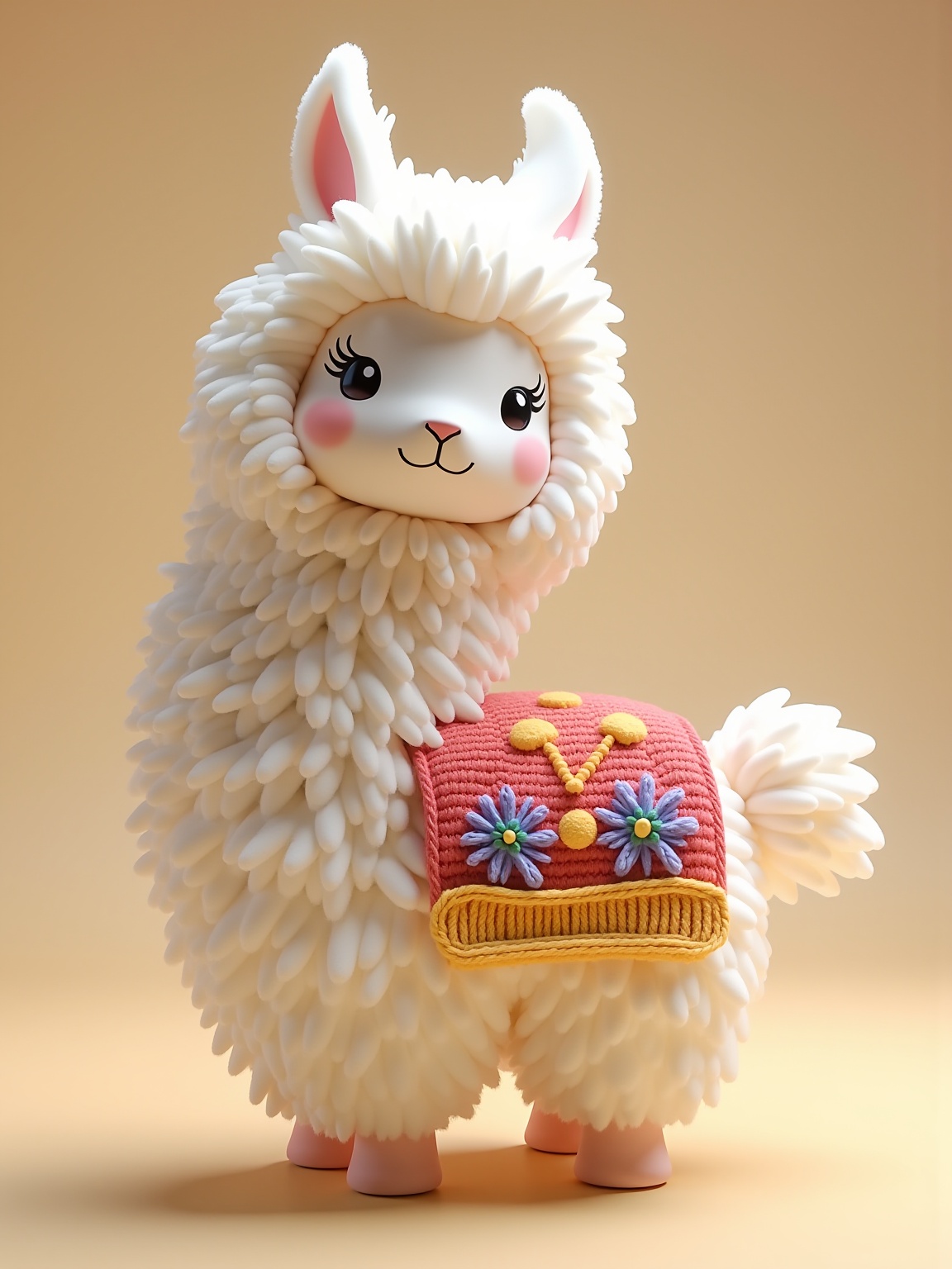 YY_plush,<lora:flux-test-lora-000024:0.6>,cute,Plush wool,Plush,soft edge,matching,plush,3D,real,3d model,Inflation,expansion,soft gradient colors,studio lighting,light reflection,(masterpiece:1.2),exquisite,high resolution,perfectillumination,(Extreme detail cG:1.2),best quality,8K,subtle Plush llama with extra-long,wavy fur that covers its entire body. The llama has a sweet smile and wears a colorful knitted blanket over its back. Its long fur sways gently in the breeze.,<lora:YY-毛绒F.1:1>,