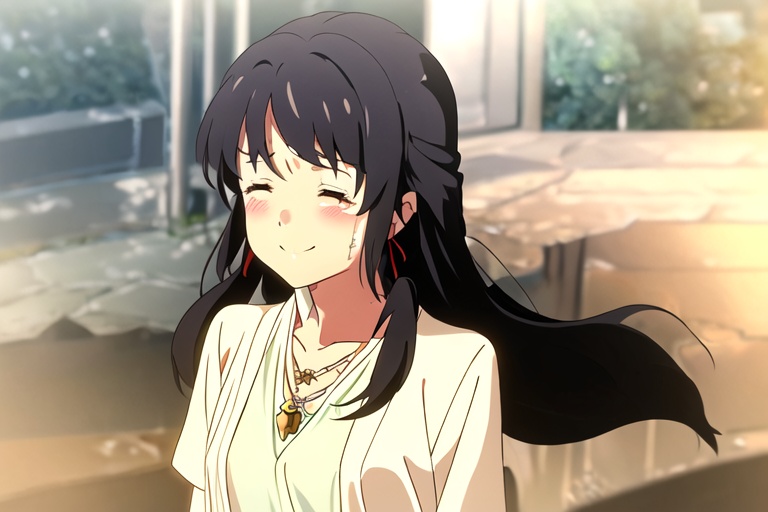 dream,New Haicheng Animation Style,1girl,solo,long hair,blush,smile,black hair,ribbon,jewelry,closed mouth,closed eyes,hair ribbon,upper body,outdoors,tears,necklace,star \(symbol\),red ribbon,yellow shirt,star necklace,miyamizu mitsuha,