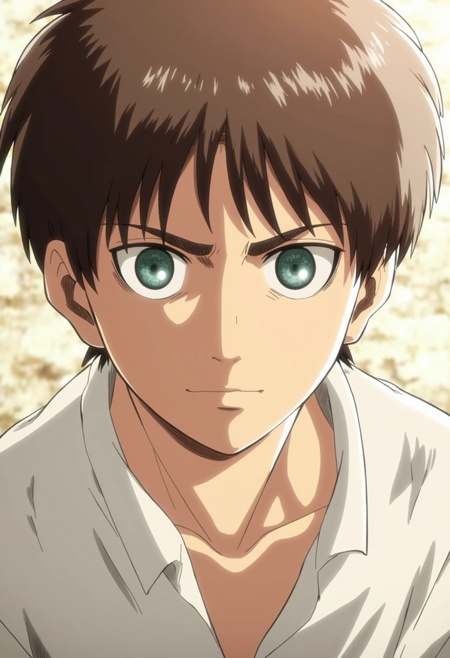 A detailed illustration of a younger Eren Yeager with short,  messy brown hair. His green eyes are wide and full of intens...