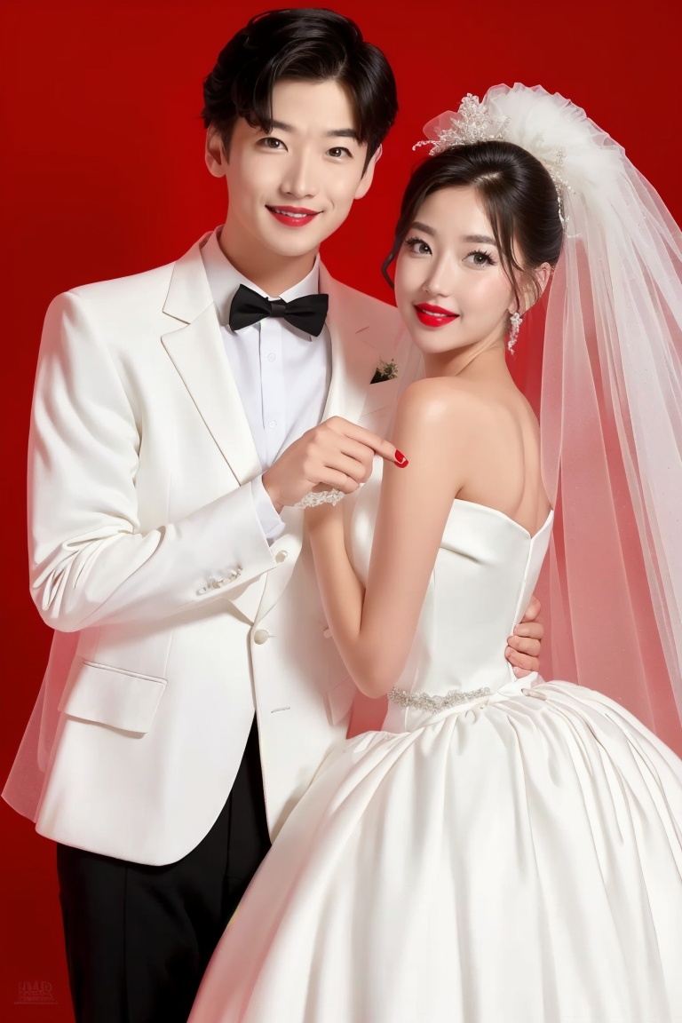 ((HRD, HUD, 8K)),((masterpiece, best quality)), highly detailed, soft light,WEDDING, 1girl, dress, 1boy, wedding dress, black hair, veil, red background, bowtie, bow, smile, formal, bridal veil, black bowtie, white dress, heart, black bow, strapless, simple background, suit, crossdressing, looking at viewer, tuxedo, short hair, pants, red lips, bride, heart hands, hetero, lipstick, wedding, real life insert, realistic, <lora:20240407-1712491685411:0.8>