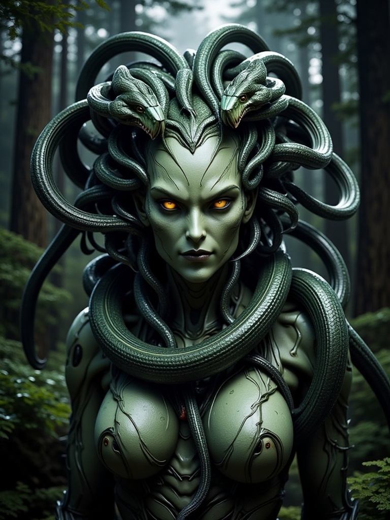 mecha,JM-S,a highly detailed digital painting of a medusa-**** creature with a humanoid face and snake-**** body. the creature has a pale green,scaly skin with a rough texture,and its face is framed by a thick,dark green mane of snakes. the face is expressionless and has a sinister look,with dark,almond-shaped eyes and a pointed chin. the snakes are wrapped around the creature's neck and shoulders,with one snake resting on the creature's head. the background is a dark,eerie forest with tall trees and thick foliage,creating a sense of depth and isolation. the lighting is dim and moody,casting shadows on the creature's face and body. the overall color palette is dark and muted,with shades of green,black,and gray. the painting is highly detailed and realistic,with a focus on texture and scale. the style is reminiscent of dark fantasy art,with a horror and mythical theme. the creature's eyes are particularly striking,with a glowing yellow color that contrasts with the dark surroundings. the image is centered on the creature,with the background blurred to emphasize the subject. the creature's expression and the snakes add a sense of danger and mystique.,
