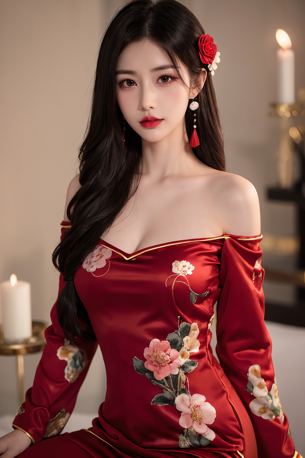 1girl,hair ornament,solo,flower,hair flower,candle,earrings,jewelry,black hair,black eyes,blurry,lips,red lips,looking at viewer,tassel,depth of field,makeup,realistic,(red_clothes:1.3),chinese clothes,floral print,upper body,medium breasts,off-the-shoulder,sitting,<lora:晓晓2:0.6>,