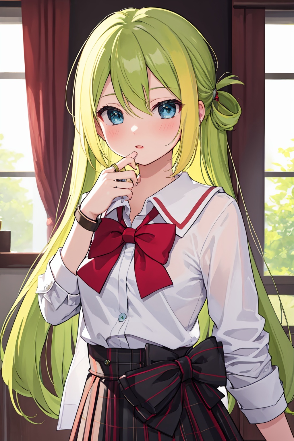 masterpiece,best quality, highly detailed, 1girl,alina gray,blunt ends,loose bowtie,school uniform,single hair ring,small breasts,solo,hair rings,sleeves rolled up,blush,wristband,<lora:alina_gray:1>