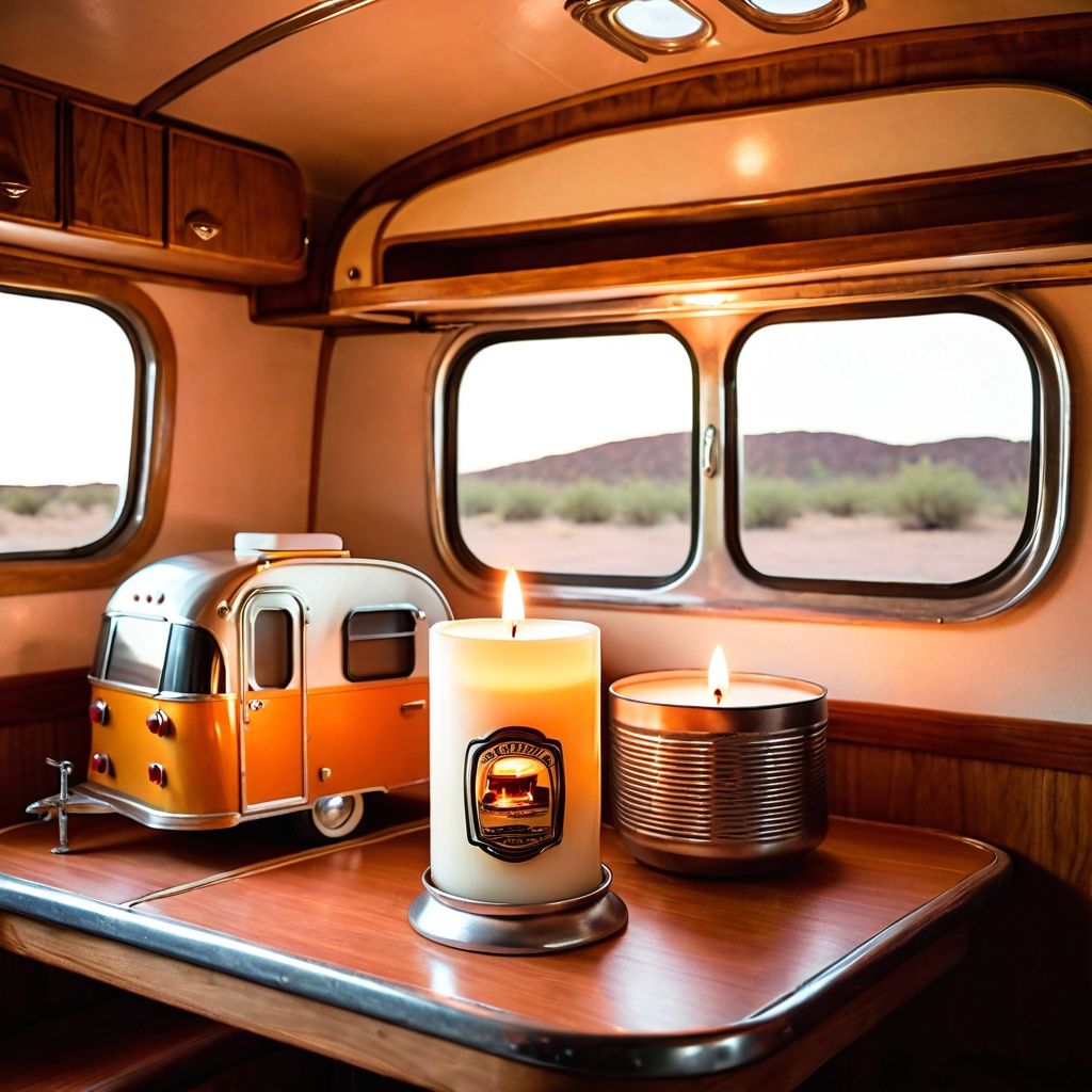 scenevintatrave,  a scented candle,  vintage travel trailer interior table on Tensor.Art