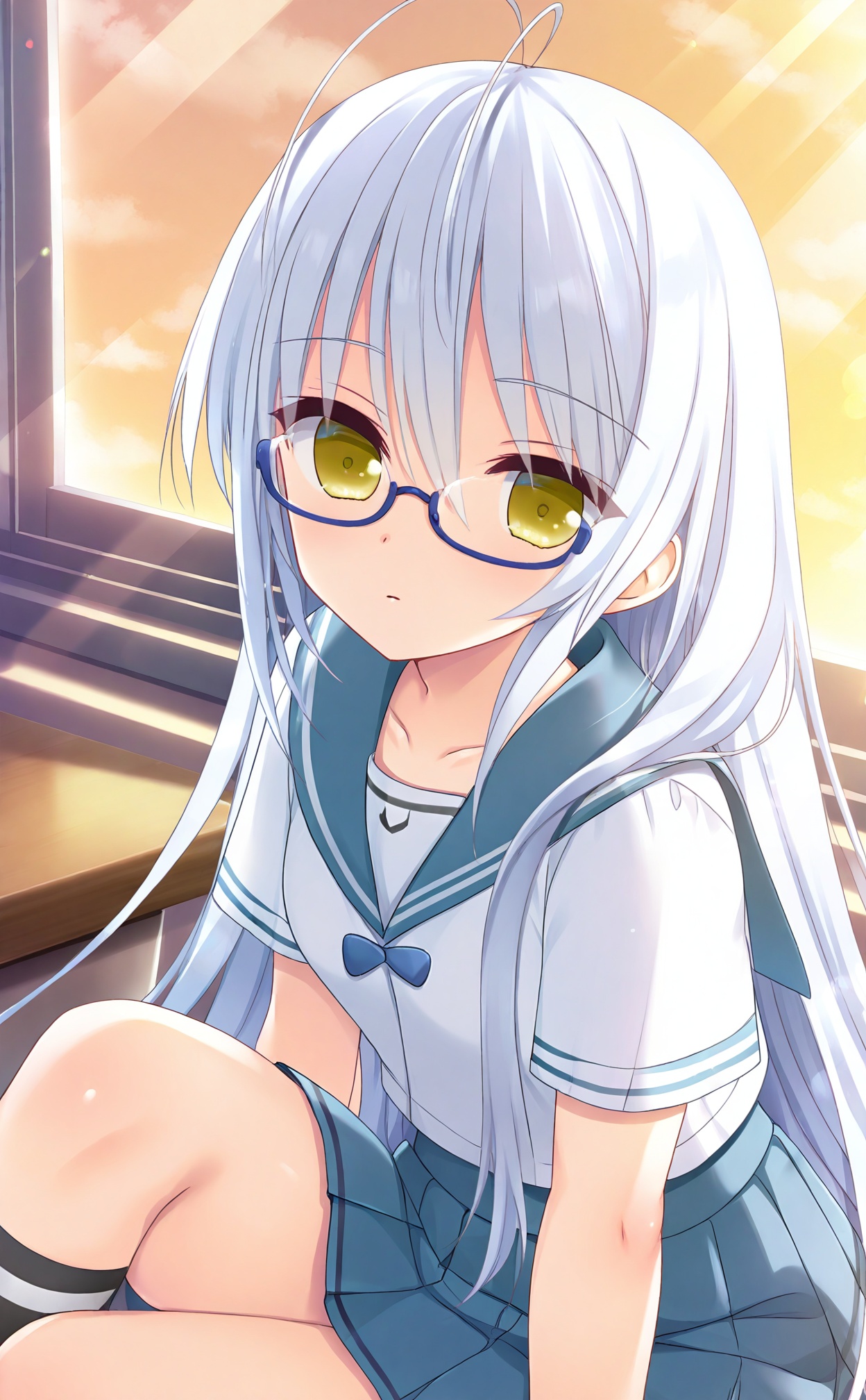 masterpiece,highres,absurdres,newest,best quality,loli,petite,high quality,chromatic_aberration,//,umino_miyako,white_hair,yellow_eyes,long_hair,antenna_hair,hair_between_eyes,glasses,blue-framed_eyewear,semi-rimless_eyewear,under-rim_eyewear,expressionless,closed_mouth,sailor school uniform,pleated skirt,knee socks,classroom,wooden desk,afternoon sunlight through window,//,<lora:umino_miyako——【noob】hans:1>,