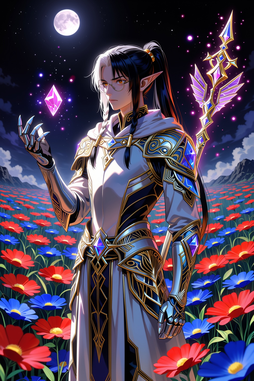 A tall,  lean High Elf male Cleric stands in a vast,  open field of Life and Death on Tensor.Art