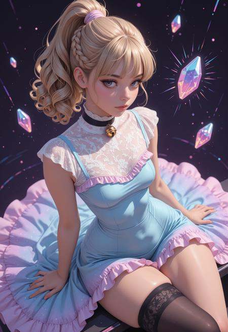 masterpiece, detailed_eyes, high_quality, best_quality, highres, absurdres, 8k, subject_focus, depth_of_field, PG,1girl, woman, blonde_hair, brown_hair, curly_hair, ponytail with braid, long_hair, hair_behind_ear, slightly messy bangs, mascara, long_lashes, sultry_gaze, small_waist, saggy_breasts, small_breasts, wide_hips, thick_thighs, slim, (single_thighhigh), frilly_dress, turtleneck_dress, choker, bell, vaporwave_colors, Twilight clouds, kaleidoscopic fragments, kaleidoscopic_crystals, neon particles, black_background, flirty, legs_crossed, high_angle, dynamic_view, summer_breeze,