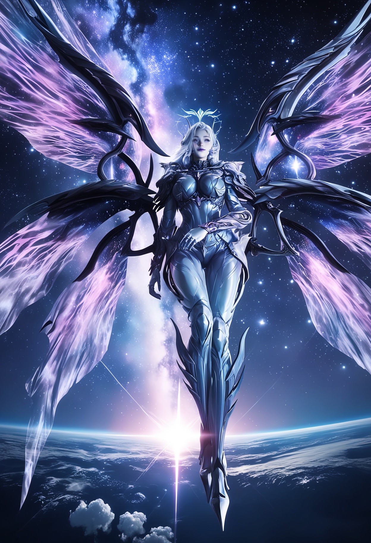 masterpiece,best quality,amazing quality,very aesthetic,high resolution,ultra-detailed,absurdres,scenery,photorealistic,(looking at viewer:1.1),(space:1.2),(universe:1.3),(starry_sky:1.1),(milky way:1.2),(nebula:1.4),starlight,(planets:1.2),rays,(large breasts:1.2),nancheng,1girl,solo,white hair,armor,wings,purple lips,long hair,blue eyes,purple eyes,bodysuit,closed mouth,shoulder armor,makeup,glowing,halo,blue skin,colored skin,high heels BREAK photorealistic details,<lora:QQSillnanchengV1:0.8>,