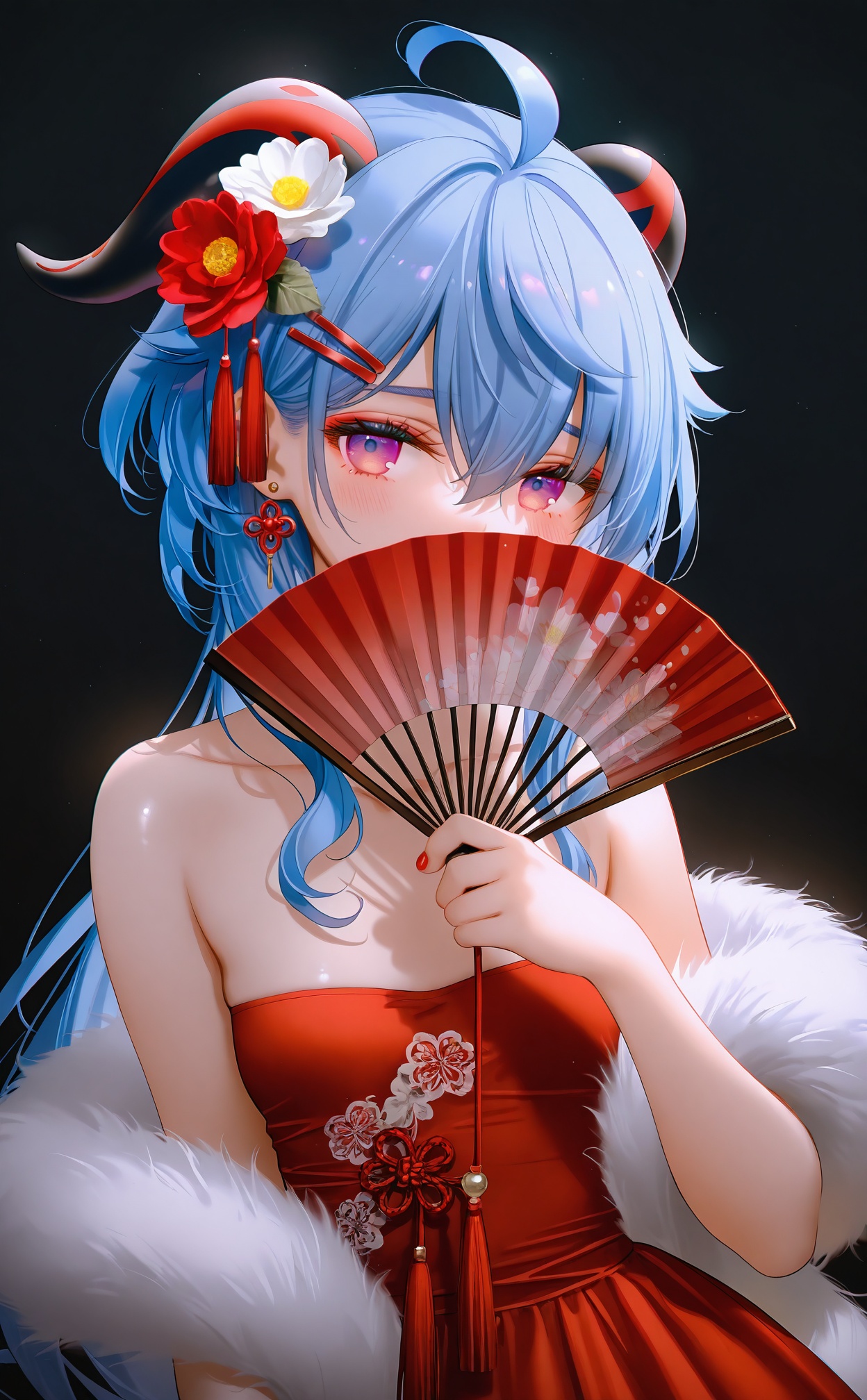 masterpiece,absurdres,best quality,loli,petite,high quality,chromatic_aberration,shiny_skin,//,1girl,hair_ornament,solo,blue_hair,purple_eyes,hair_flower,horns,ganyu_\(genshin_impact\),hand_fan,flower,ahoge,looking_at_viewer,holding,holding_fan,folding_fan,jewelry,earrings,long_hair,red_nails,red_flower,bare_shoulders,red_dress,hair_between_eyes,hairclip,nail_polish,covering_own_mouth,black_background,alternate_costume,folded_fan,blush,dress,night,sidelocks,collarbone,breasts,covered_mouth,tassel,upper_body,makeup,goat_horns,white_flower,night_sky,dark_background,off_shoulder,strapless_dress,hand_up,strapless,//,photorealistic,Artist:na-ga,(quasarcake:0.2),(wanke:0.9),[Artist:chen bin],Artist:tidsean,[Artist:sk (askzy)],(artist:tokkyu:0.5),(artist:momoko \(momopoco\):0.5),himitsu_(hi_mi_tsu_2),