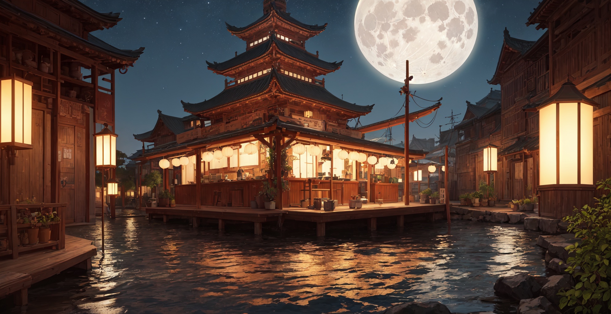 (masterpiece, top quality, best quality, extreme detailed, highest detailed, official art, beautiful and aesthetic:1.2),(masterpiece, top quality, best quality, extreme detailed, highest detailed, official art, beautiful and aesthetic:1.2),(extremely detailed CG unity 8k wallpaper),Night,sea level,(Horizon:1.2),(sea surface:1.2),(Full Moon:1.3),(Mist:0.9),trending on artstation,Intricate,High Detail,dramatic,No one,East Asian Ship,dramatic,art by midjourney,(No mountains.:0.9),Zheng He's Voyages to the West,Chinese wind,Freehand brushwork,Reflective lighting,Kongming Lantern,(East Asian Architecture:0.6),East Asian Shaped Tree,(moonlight illumination:1.1),Stars,There's a huge moon in the sky,<lora:ZGFF_20230624083525:1>,