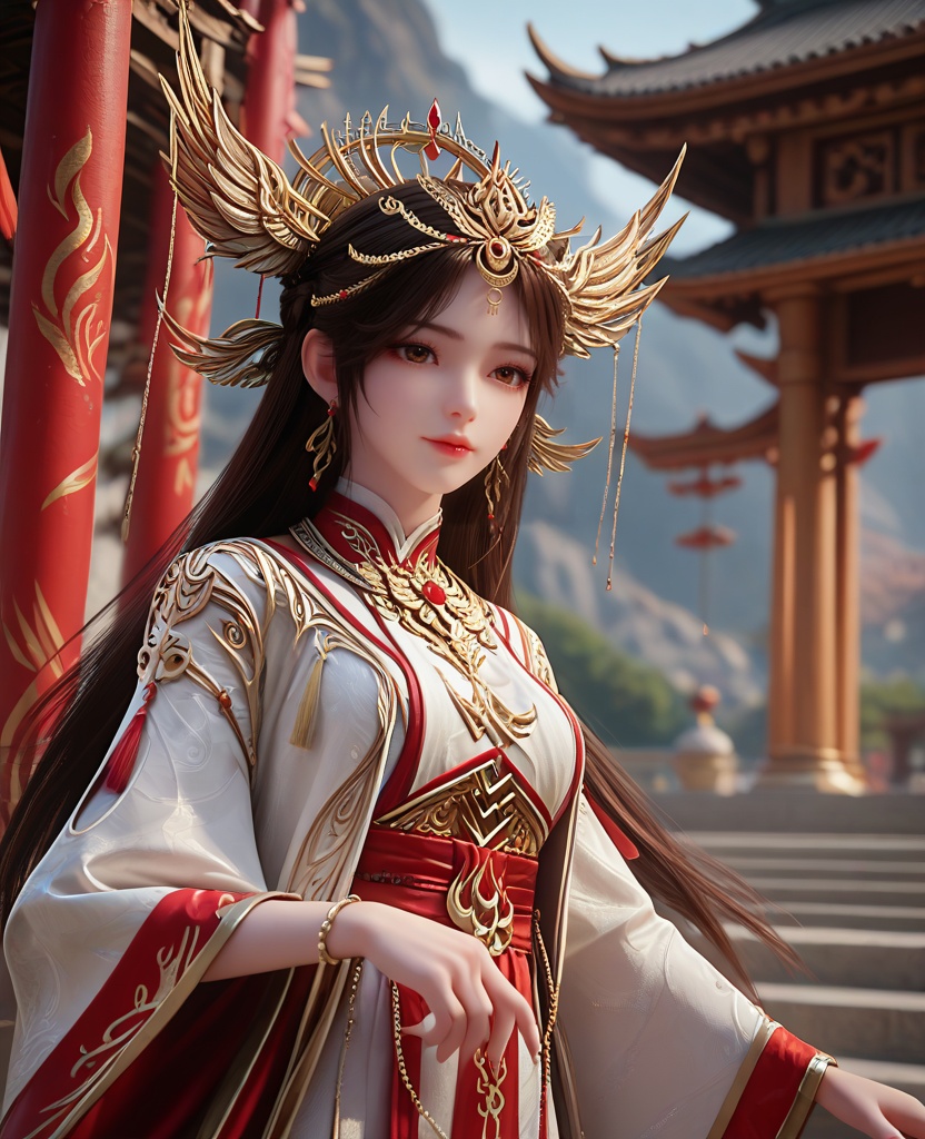 (oriental architecture, elegant decor, sophisticated style:1.1),shooting viewer, guns in hand,(breasts:1.2),<lora:XL16完美世界火灵儿祈福装:0.85>,miss huolinger,solo,white robe with red chiffon dress underneath,sash,black hair,hair ornament,long hair,brown eyes,red lips,white topwear,pelvic curtain,wide sleeves of red chiffon,jewelry,earrings,, zPDXL2, score_9, score_8_up, score_7_up BREAK realistic, masterpiece,best quality, highly detailed,, zPDXL3, zPDXL2,zPDXL, zPDXLxxx, zPDXLrl,