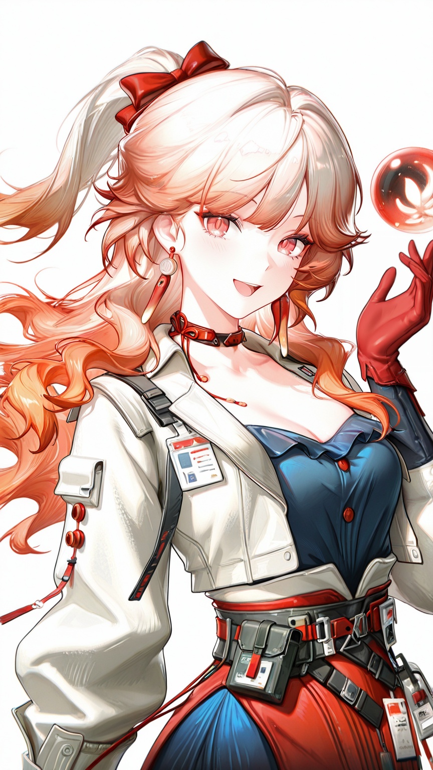 masterpiece,best quality,amazing quality,<lora:3d-000029:0.8>,<lora:20250801-1754050342184:0.8>,unreal 3DCG,yao\(arknights\),upper_body,yao\(arknights\),1girl,solo,red gloves,dress,white background,white jacket,blue dress,long hair,red bow,looking at viewer,gradient hair,orange hair,hair bow,smile,jewelry,simple background,earrings,long sleeves,open jacket,puffy sleeves,open clothes,open mouth,breasts,orb,red choker,belt,pouch,cleavage,hand up,red eyes,choker,shadow,ribbon,red dress,red eyes,1girl,solo,orange hair,gradient hair,