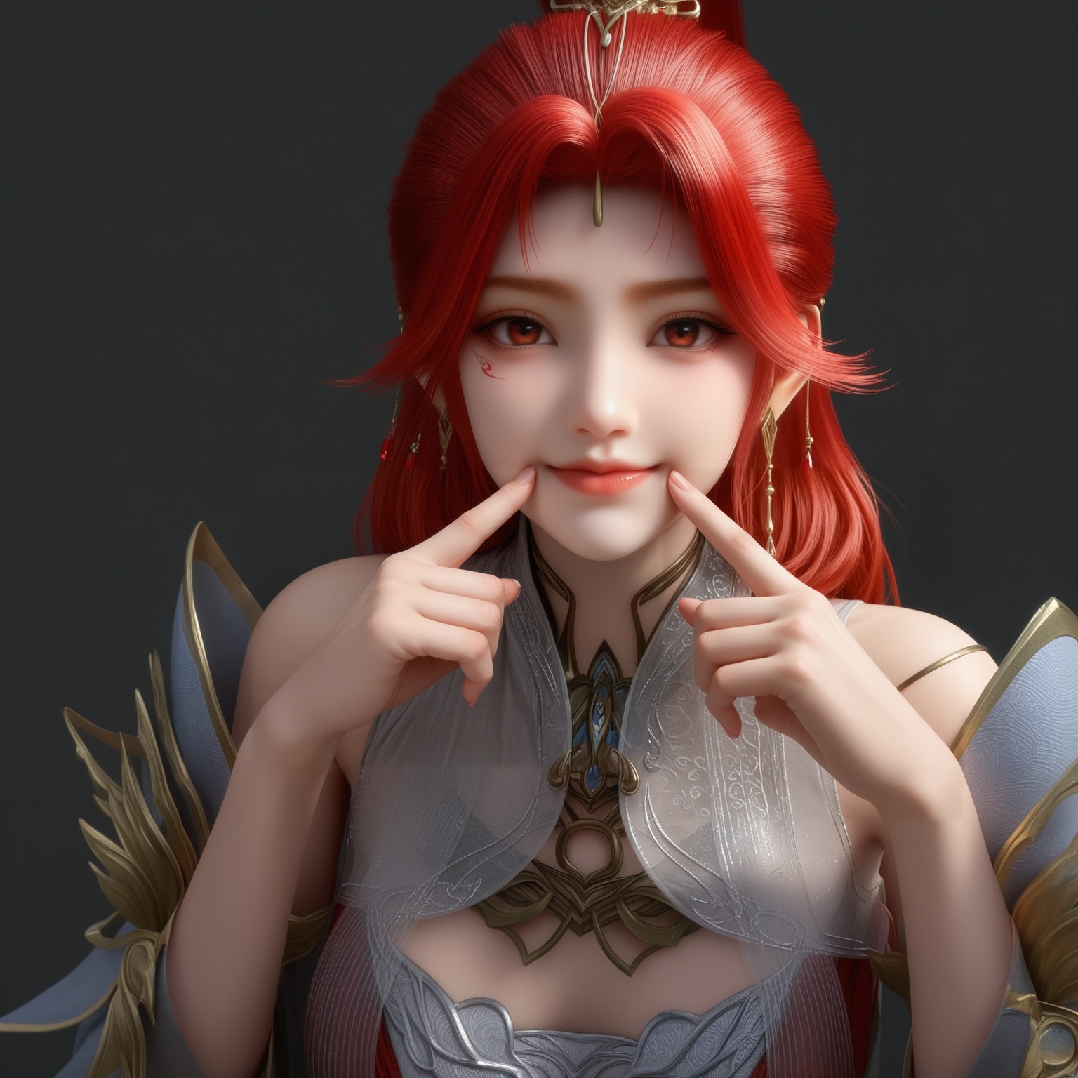 masterpiece,best quality,absurdres,highres,1girl,solo,<lora:火允儿-ill-000009:0.85>,huoyuner,red hair,long hair,high ponytail,makeup,BREAKcollarbone,sheer overlay,bare shoulders,sheer collar,high collar,jewelry,hair ornament,dangling earrings,red gemstone,forehead decoration,detached sleeves,fantasy dress,looking at viewer,front view,(fingersmile:1.1),BREAK(white_skin:1.1),(fair_skin:1.1),simple background,black background,