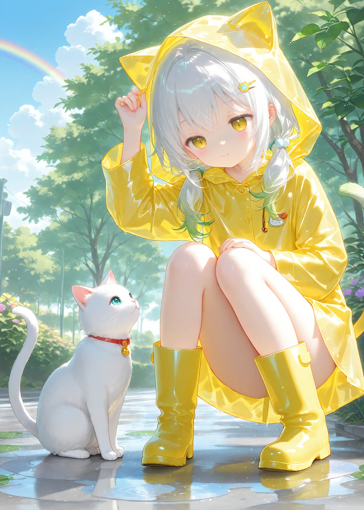 loli,petite,cute,kawai,little girl,little kid,underage,aged_down,aged_down,aged_down,child,loli,loli,loli,masterpiece,best quality,high quality,loli,chromatic_aberration,cxshadow,//,1girl,solo,cat girl,cat eyes,cat ears,cat tail,white cat ears,flat chest,yellow and Golden eyes,slit pupils,Vertical pupils,half closed eyes,white hair,green hair,bad smile,hairclip,leaf hairclip,gradient hair,gradient tail,low twintails,full body,boots,outdoors,sky,day,cloud,hood,blue sky,hood up,flower,rainbow,puddle,rubber boots,raincoat,//,(artist:tokkyu:0.5),(artist:momoko \(momopoco\):0.5),(artist:ask \(askzy\):0.5),(artist:yuyumu:0.4),(artist:dsmile:0.5),(artist:atdan:0.5),(artist:mignon:0.5),(Artist:yunsang,gomzi:0.7),year_2023,year_2024,year_2025,