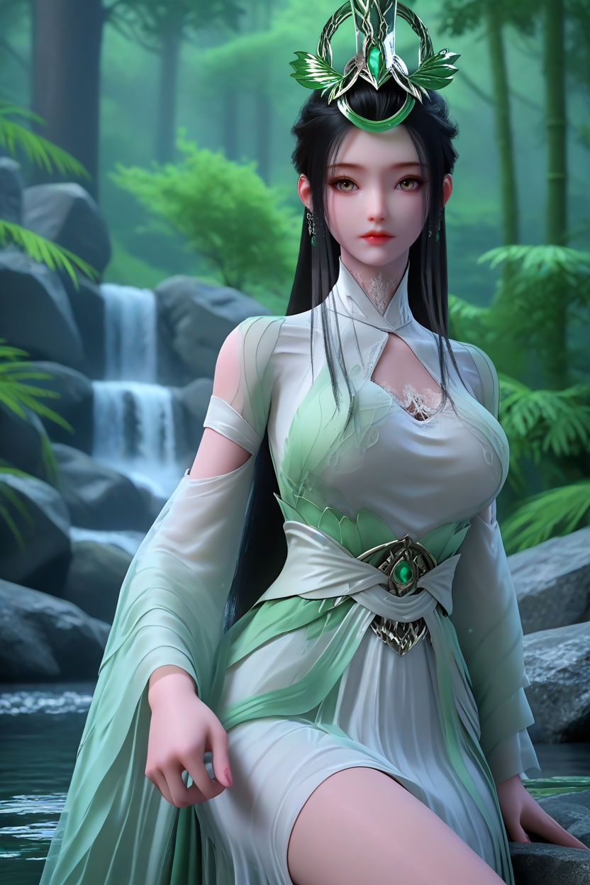 (Reclining on a velvet chaise, she holds a delicate feather quill, her thoughts drifting into creativity:1.2),<lora:XL16神国之上陆嫁嫁:1.05>,miss lujiajia,(domino mask:1.2),mint green chinese clothes of sheer chiffon,brown eyes,black hair,single hair bun with long front strands,very long hair,hair ornament,jewelry,sash,wide flowing sleeves,(large breasts:1.2),bamboo forest,water,river,stone,, score_9,score_8_up,score_7_up,score_6_up,score_5_up,score_4_up,3d rendering,tag1,tag2, Cinematic Lighting,backlighting,