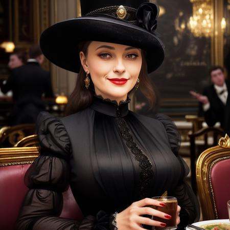 masterpiece,  uhd,  sharp color photo of a beautiful woman wearing a high-neck layered black dress on Tensor.Art