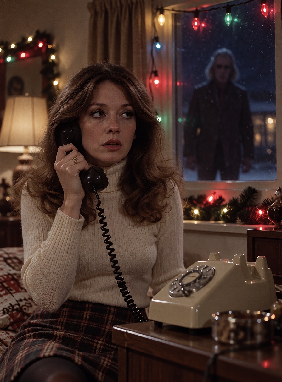 A beautiful ***** woman with feathered brunette hair sits beside a rotary telephone in a warmly decorated 1970s suburban h...