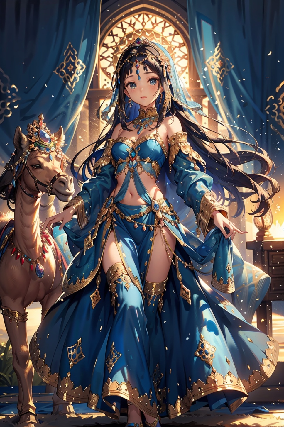 masterpiece,best quality,<lora:PDLX_西域公主:1>,The enigmatic princess stands at the helm of a camel caravan, her figure a vision in a gown of deepest indigo, embroidered with threads of gold that catch the setting sun's rays like a treasure trove of precious gems