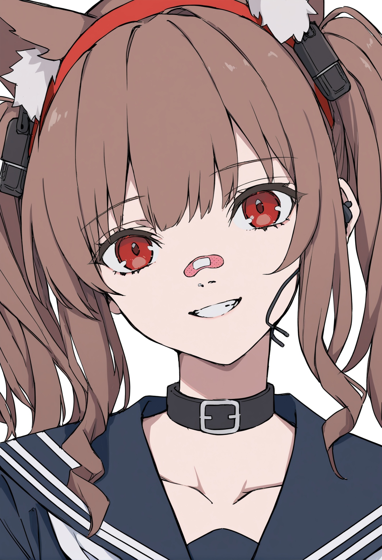 masterpiece, best quality,1girl, angelina \(arknights\),  solo, animal ears, brown hair, twintails, fox ears, bandaid, long hair, earphones, bandaid on face, neckerchief, black shirt, shirt, parted lips, upper body, serafuku, black serafuku, school uniform, bangs, bandaid on nose, extra ears, portrait, earbuds, simple background, sailor collar, looking to the side, smile, floppy ears, animal ear fluff, red eyes, hairband, white neckerchief, red hairband, straight-on, blue sailor collar, head tilt, floating hair, hair ornament, looking at viewer, bandaid on cheek, choker, flower <lora:hakuhiruoeoeXLlokr-000056:1>