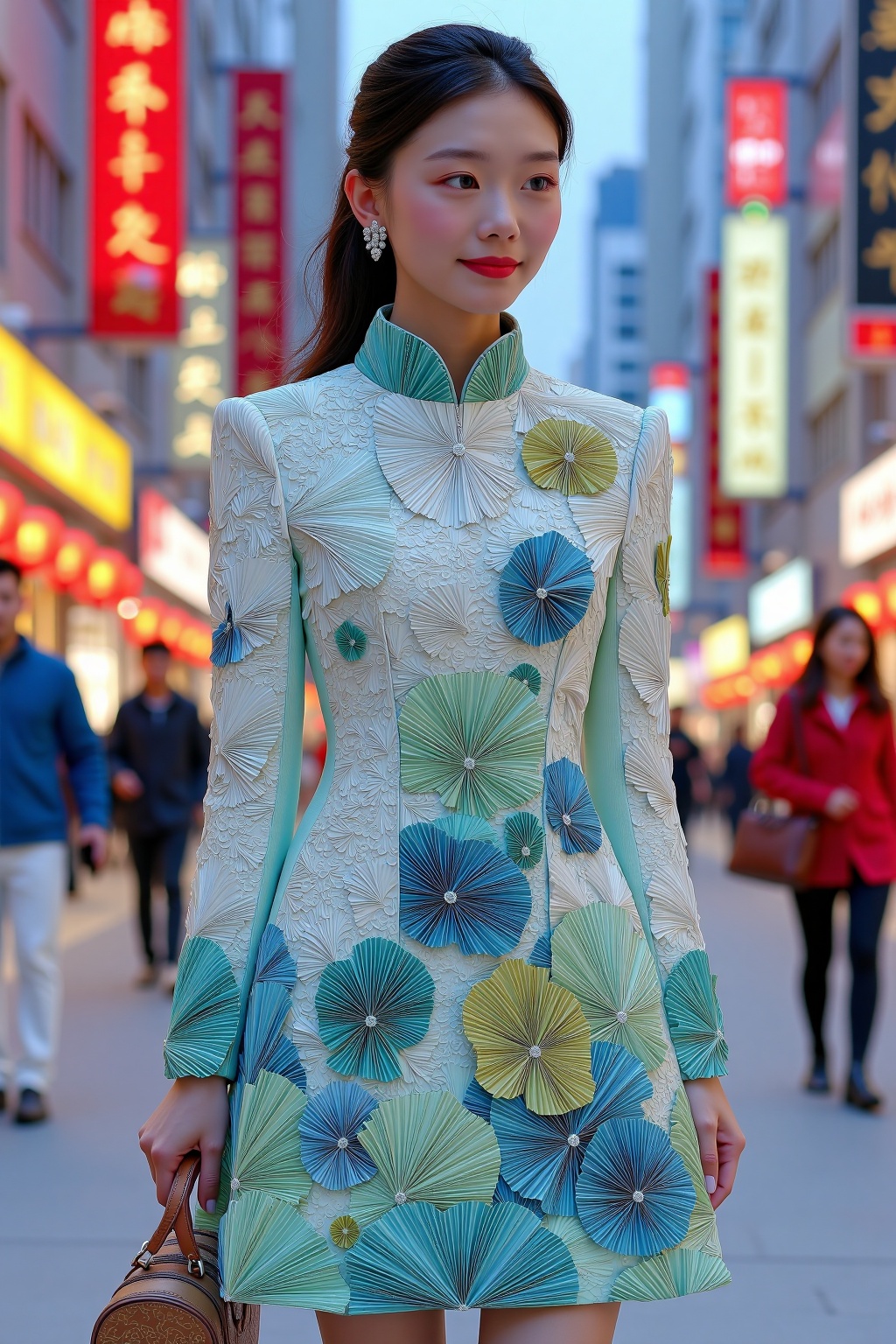 beijihui,a woman stands on a street,her hair cascades in a ponytail,adorned with earrings. She is dressed in a long-sleeved,light blue and white dress adorned with a floral pattern. Her dress is adorned with multiple shades of blue,green,and yellow flowers,adding a pop of color to the scene. The background is blurred,suggesting a cityscape. To the left of the woman,a man in a blue jacket,and a woman in a red jacket,are walking down the street. The man in the blue jacket and white pants,and the woman in the red jacket is carrying a brown purse. The buildings on the right of the image are adorned with Chinese characters.,