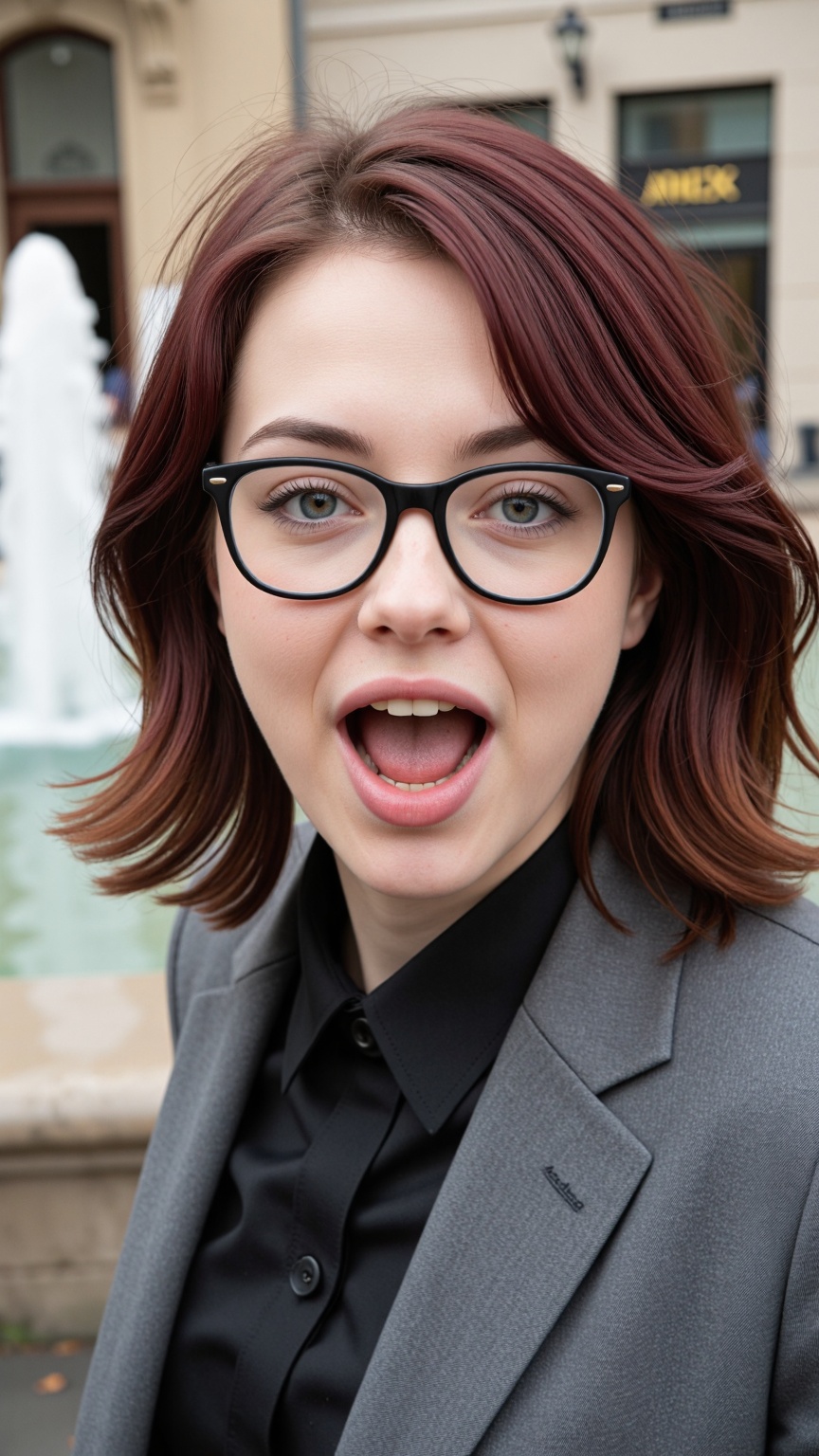 The photo is a high-resolution epic cinematic retro photo of an ***** 20y-o caucasian woman with Maroon Tousled Balayage h...