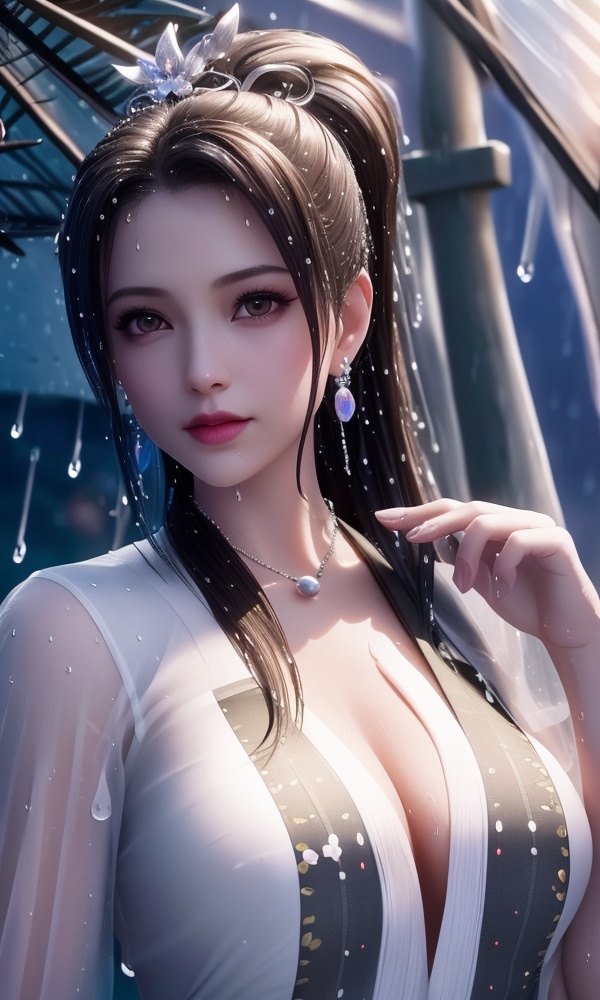 <lora:411-DA-太一剑仙传-季师师:0.8> ,(,1girl, ,best quality, ),looking at viewer, ,ultra detailed 8k cg, ultra detailed background,  ultra realistic 8k cg,          cinematic lighting, cinematic bloom, (( , )),,  , unreal, science fiction,  luxury, jewelry, diamond, pearl, gem, sapphire, ruby, emerald, intricate detail, delicate pattern, charming, alluring, seductive, erotic, enchanting, hair ornament, necklace, earrings, bracelet, armlet,halo,masterpiece, (( , )),,  ,cherry blossoms,(((, night,night sky,,  ultra high res, (photorealistic:1.4), raw photo, 1girl, , rain, sweat, ,wet, )))(( , ))   (cleavage), (), 