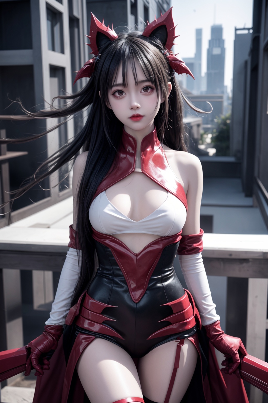 an anime girls standing behind the ground,  in the style of light silver and crimson,  technological art on Tensor.Art