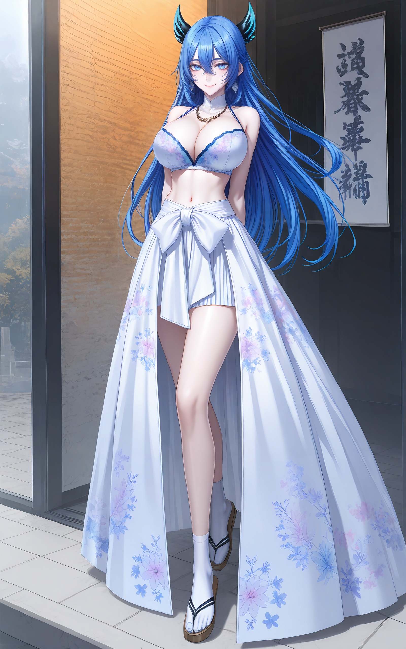 <lora:雪女ill0.047:0.7>,xuenv,1girl,breasts,blue hair,long hair,solo,sandals,horns,cleavage,sitting,looking at viewer,full body,navel,skirt,blue eyes,socks,huge breasts,very long hair,bra,legs,smile,see-through,arm support,bare shoulders,white socks,crossed legs,floral print,underwear,toes,large breasts,close-up details,outstanding style,adding a touch of dimension to your images without compromising details,whirls of vapor,iridescent textures,(Anime:1.1),ethereal ambiance,delicate details,magical high-concept,32K UHD,sharp focus,best-quality,masterpiece,golden hour,unconventional supreme masterpiece,masterful details,temperate atmosphere,with a high-end texture,in the style of fashion photography,photography,cover,dynamic angle,dynamic posture,(artist:quasarcake:0.8),extreme aesthetic,(wlop:0.6),(honjou raita, lack, rella:0.5, wanke),masterpiece,best quality,good quality,very aesthetic,absurdres,visual impact,a shot with tension,ultra-high resolution,32K UHD,sharp focus,best-quality,masterpiece,emotionalization,unconventional supreme masterpiece,masterful details,temperate atmosphere,with a high-end texture,in the style of fashion photography,(visual impact:1.2),giving the poster a dynamic and visually striking appearance,impactful picture,official art,colorful,splash of color,movie perspective,masterpiece,best quality,amazing quality,very aesthetic,absurdres,best quality,newest,