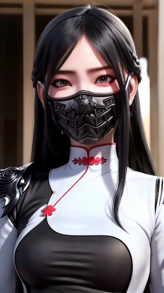 1girl,black eyes,black hair,blurry background,china dress,chinese clothes,covered mouth,depth of field,grey eyes,long hair,looking at viewer,mask,mouth mask,mouth veil,solo,,<lora:85b42c7db7c43edc27b98a22cf5af270b3b780d1fc9e32ee93b1aef86eef8d36:0.7>
