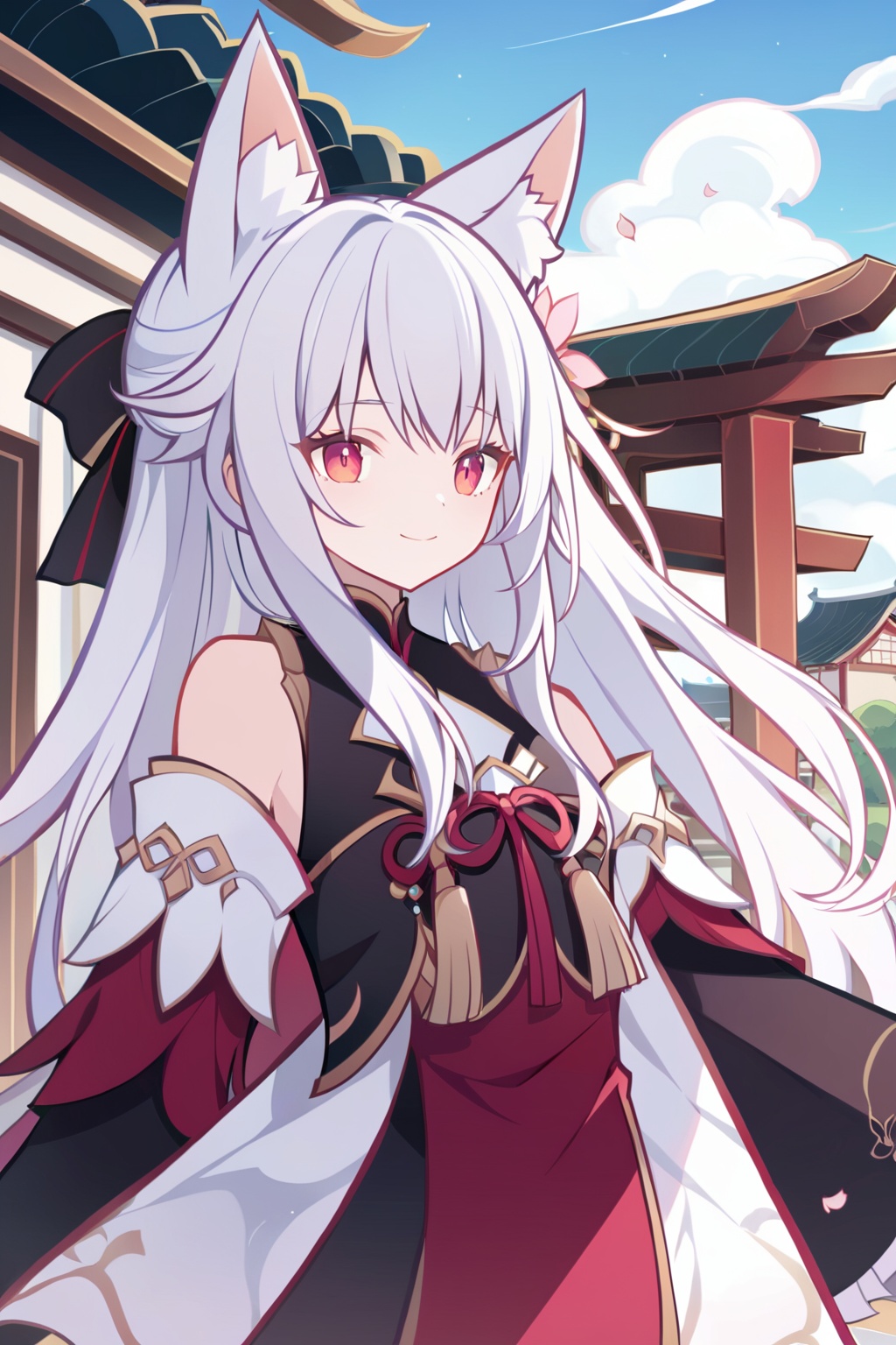 (((masterpiece))),(illustration:1.3),(((best quality))),amazing,detailed unity 8K CG wallpaper,ultra detailed,((1 14_years_old girl:1.1)),((fox girl)),(fox_ears),cowboy shot,long delicate_and_intricate white hair and white marble glowing skin,long hair,solo,beautiful pony_tail,beautiful glowing red eyes,delicate_and_intricate face,flowers on face,growth,nature,beautiful face,zoom in on eyes,standing,smile,(shy),(gorgeous [Gothic_Lolita:kimono:0.6] chiya),super detailed clothes,(extremely detailed background),torii,garden,stone brick road,fallen sakura_petals,pink_sakura_trees,spring,detailed sky and cloud,best lighting,sunburst,outline_shadow,incredibly_absurdres,<lora:liyueFP8-000002:0.8>,