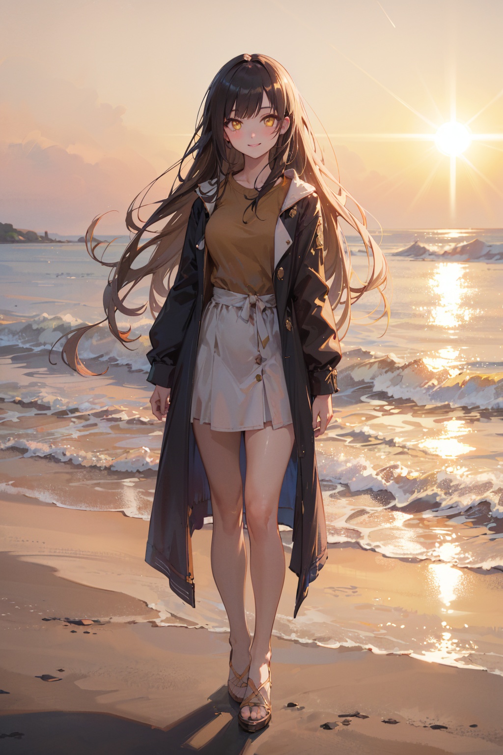 masterpiece,best quality,(ray tracing,cinematic lighting),sunlight, 1girl, ,BLACK LONG HAIR, YELLOW EYES, look at viewer, full body, warm smile, seaside, Golden hour makes everything warm and romantic a beautiful woman, golden hour, rim lighting, warm tones, sun flare, soft shadows, hazy glow