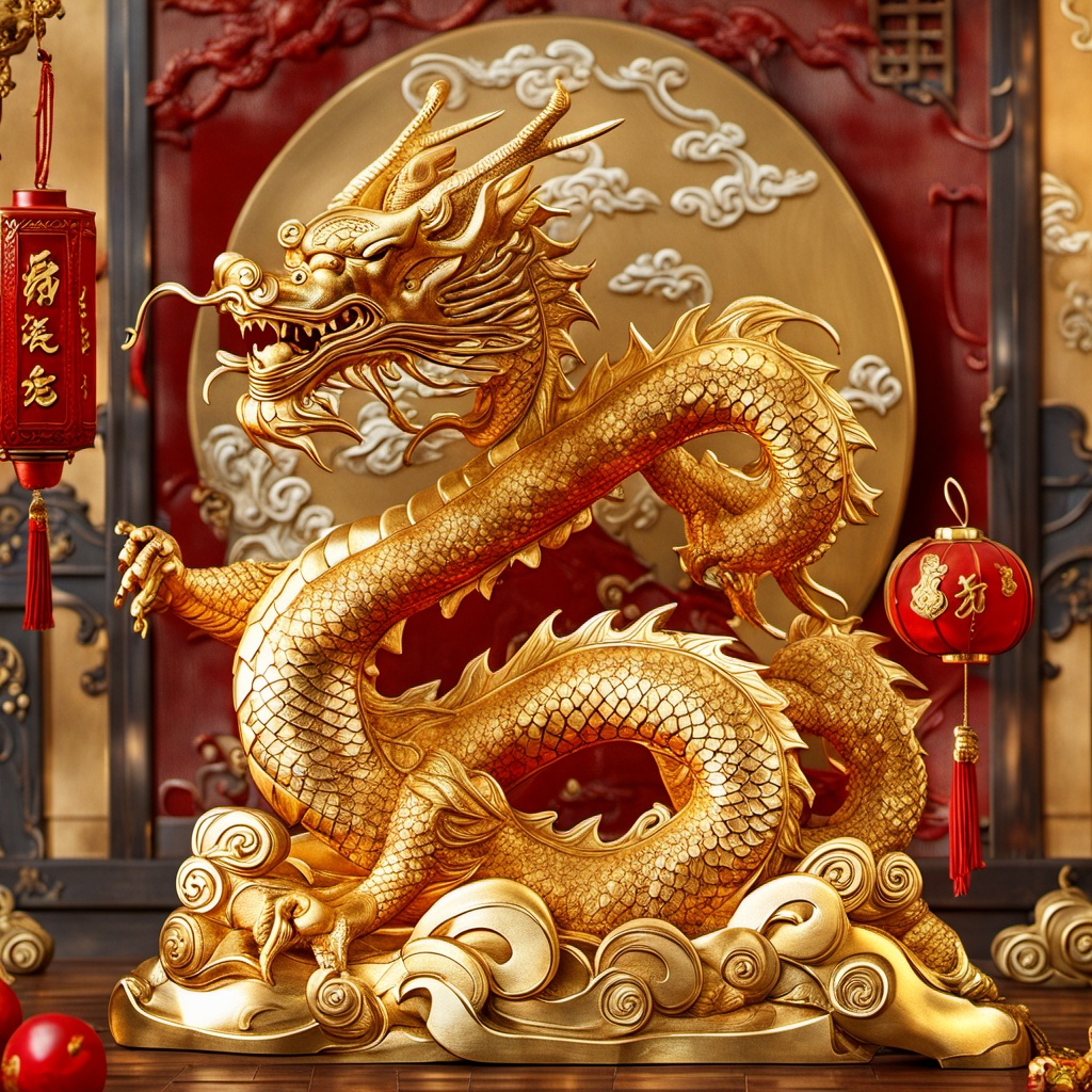 There is a golden dragon on the mahogany table,with a golden auspicious cloud base and a red lantern hanging next to it as a backdrop. The background is a retro window with engraved text,<lora:---long-XL:1>,