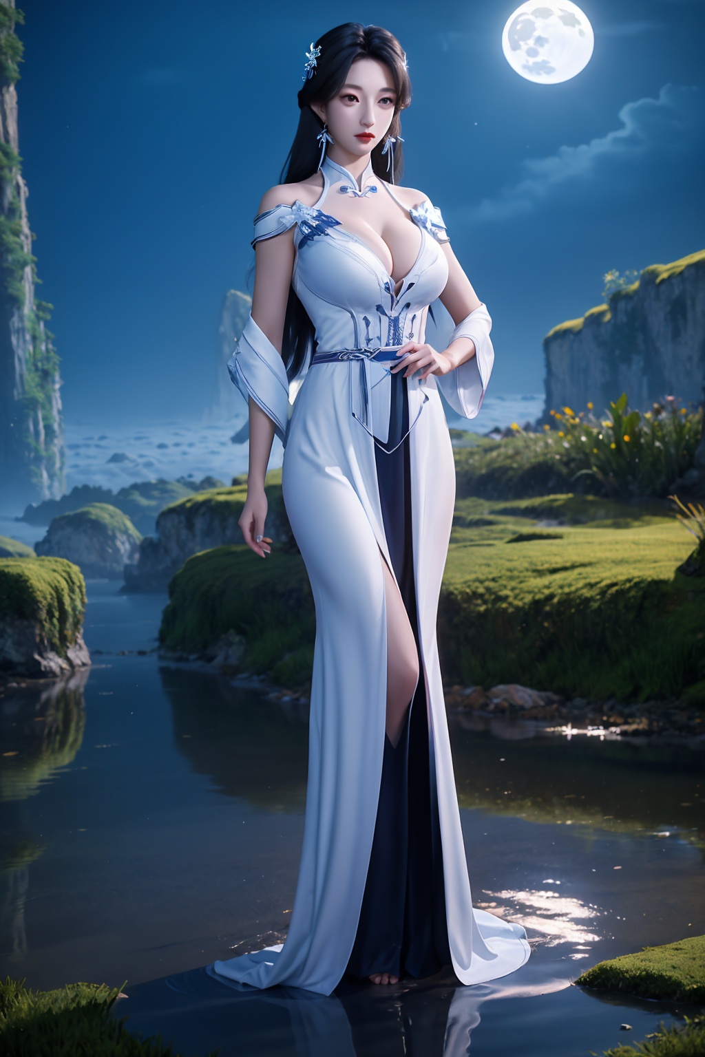 standing,dress,chinese clothes,flower,full_moon,moon,night,lily_pad,lotus,moonlight,nipples,water,night_sky,lily_\(flower\),sky,partially_submerged,1girl,solo,hair ornament,realistic,nail polish,photo_\(medium\),(big breasts, cleavage),makeup,(8k, RAW photo, best quality, masterpiece:1.2),(realistic, photorealistic:1.3),ultra-detailed,extremely detailed cg 8k wallpaper,(crystalstexture skin:1.2),extremely delicate and beautiful,(sexy pose:1.2),chinese dress,