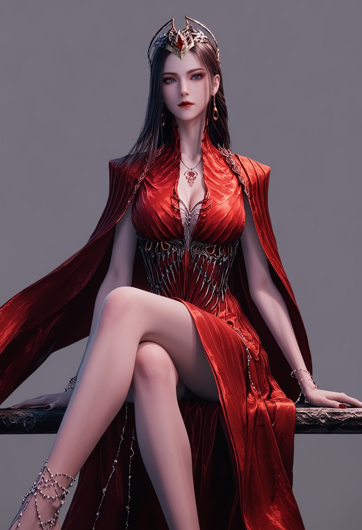 score_9,looking_at_viewer,(cowboy shot:1.1),(large breasts:0.8),yexishui,1girl,solo,long hair,jewelry,red dress,dress,brown hair,closed mouth,realistic,hair ornament,earrings,cape,grey eyes,necklace,bracelet,red lips,barefoot,sitting,(crossed legs:1.3),(simple background,pure black background,black background:1.1),perfect_anatomy,<lora:QQSponyyexishuiV1:0.8>,