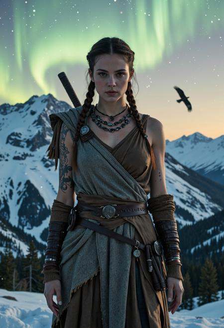 one solo, a beautiful heroic viking shaman woman, 30 years old, braided hair, decent tattoo, standing on top of snowy mountains, in the evening with northern lights, a buzzard fly in the distance, peaceful atmosphere, photorealistic, 8K, Cinematic move film still 4k, 8k , UHD, (maximum ultra high definition image quality and rendering:3), maximum image detail, maximum realistic render, (((ultra realist style))), realist side lighting, 8K high definition, best quality, cinematic lighting, realistic, highly detailed, enhanced realism,