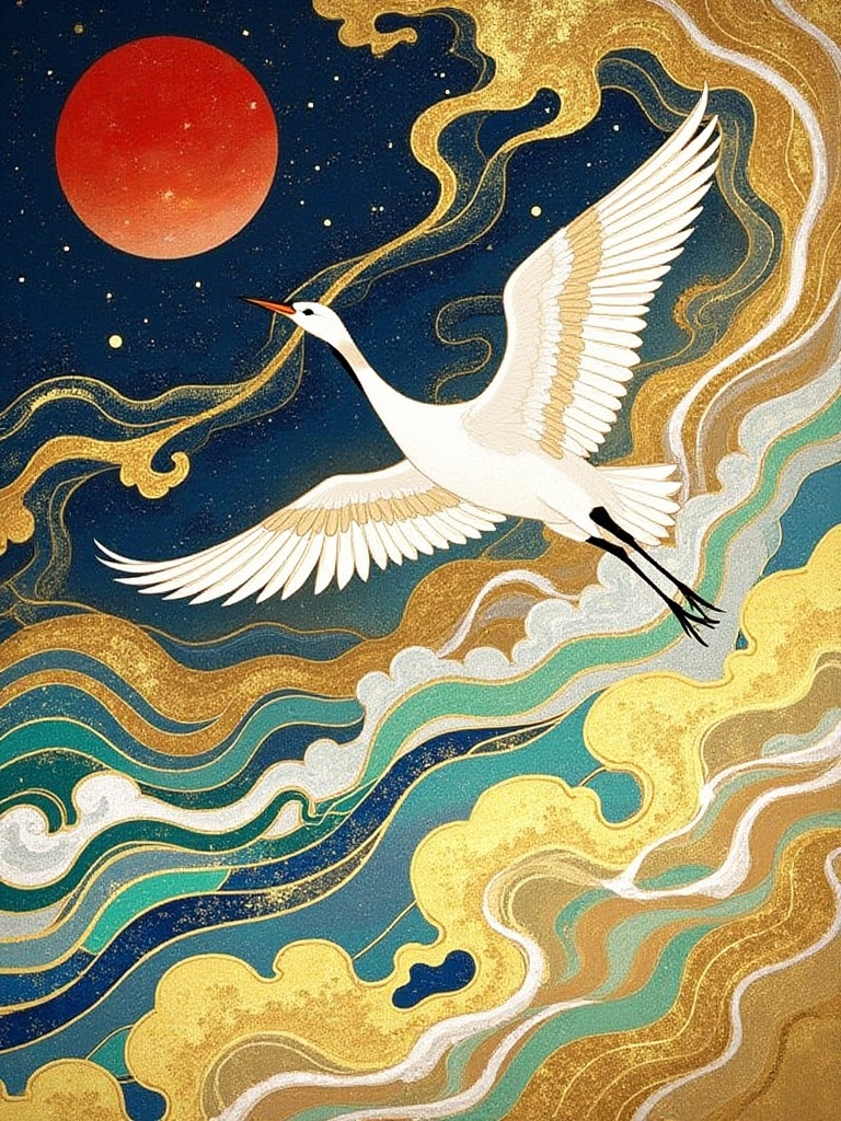 jbch, A vibrant, digital art illustration features a majestic white crane with black wings soaring over swirling, golden waves against a backdrop of a deep blue sky and a radiant red sun. The waves, detailed with shades of turquoise and gold, create a dynamic, fluid motion. The scene is rich in texture and color, evoking a sense of tranquility and freedom. <lora:S-T-岩彩国风_S1.5:1>
