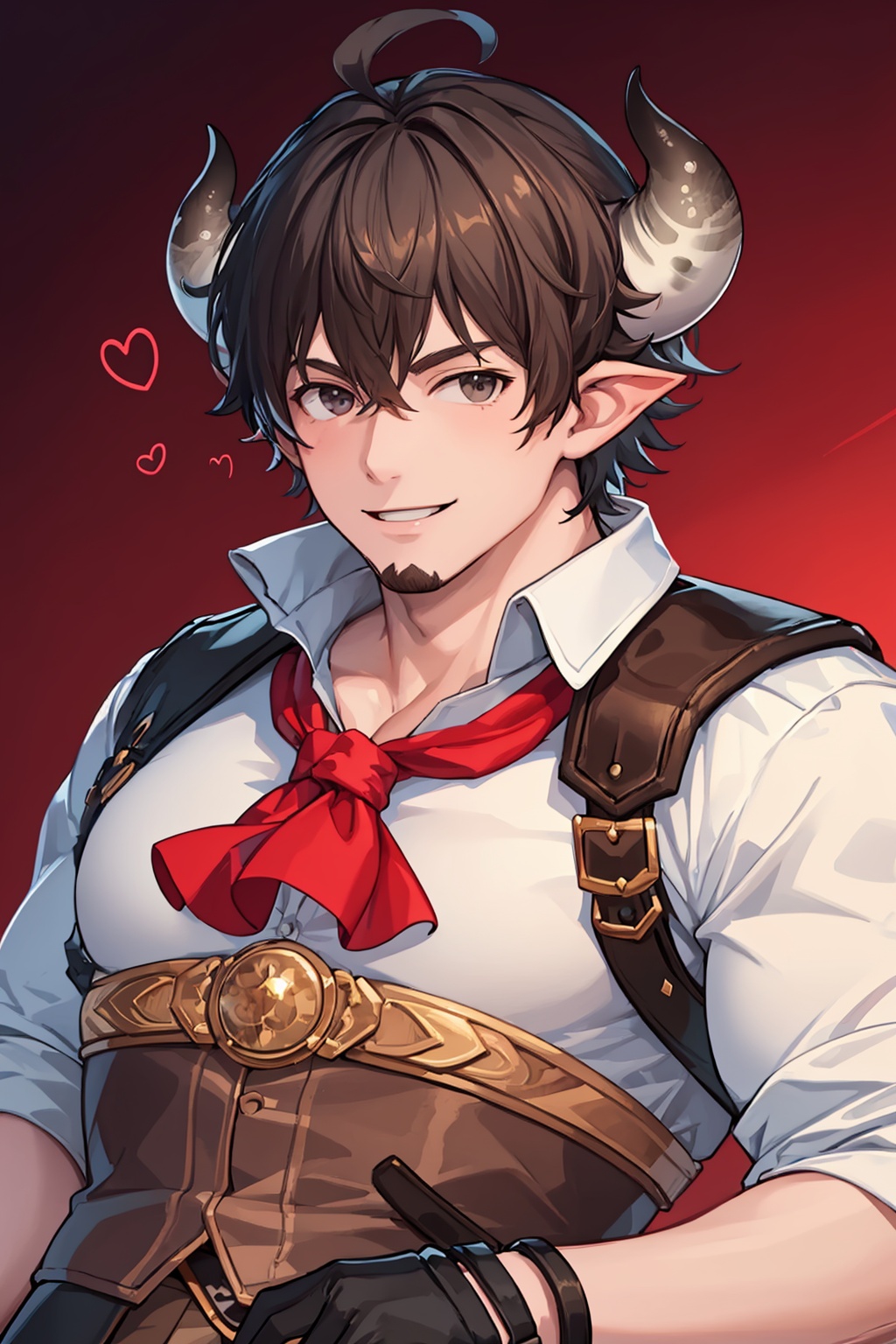 masterpiece,best quality, highly detailed, barawa,draph, 1boy, solo, muscular male, bara, monocle, cow boy, goatee, upper body, smile, mature male, cow horns, looking at viewer, feathers, large pectorals, sleeves rolled up, white shirt, red ascot, jacket,<lora:barawa:1>
