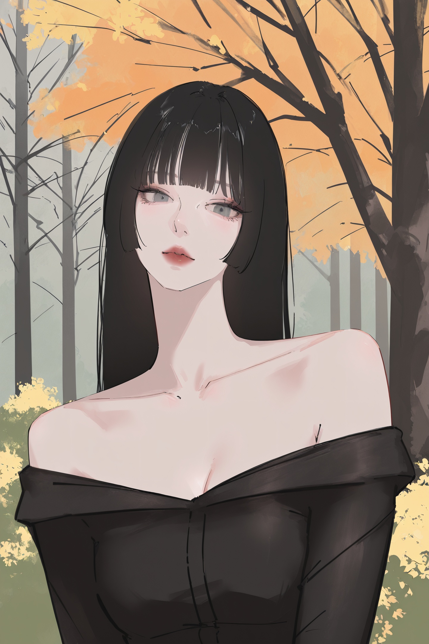 Chikitama Style,sketch,1girl,solo,black hair,long hair,blunt bangs,looking at viewer,grey eyes,off shoulder,hime cut,tree,upper body,bare shoulders,collarbone,red lips,makeup,black dress,black shirt,head tilt,<lora:Chikitama_illustriousXL:1>,