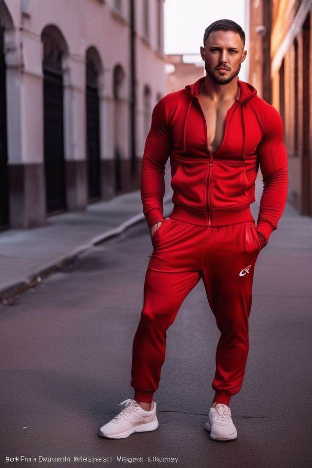 Maluma a man ,  realistic photo in a worn ((skin-revealing skimpy erotic red tracksuit,  massive hairy pecs)) on Tensor.Art