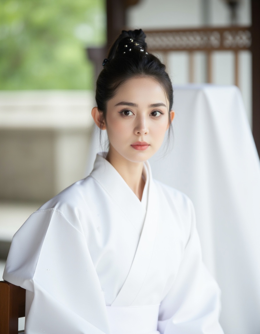The image depicts a person dressed in a traditional white garment,possibly a hanfu,sitting on a wooden chair. The person's hair is styled in an elegant updo,adorned with a black hair accessory. The background is blurred,suggesting a shallow depth of field,and appears to be an outdoor setting with a structure that looks like a traditional building or pavilion. There is a white fabric draped behind the person,adding to the serene and traditional atmosphere.,