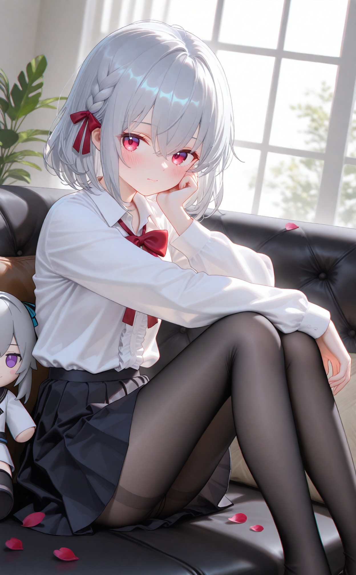 masterpiece,absurdres,best quality,high quality,chromatic_aberration,pantyhose, 1girl, solo, character doll, sitting, braid, blush, shirt, long sleeves, looking at viewer, skirt, black pantyhose, bow, red bowtie, pink eyes, red bow, feet out of frame, white shirt, bowtie, medium hair, knees up, closed mouth, grey hair, layered sleeves, indoors, ribbon, petals, jacket, frills, side braid, couch, white hair, window, dutch angle, hand up, neck ribbon, hair between eyes, red eyes, plant, stuffed toy, white jacket, on couch, finger to cheek, knees together feet apart, open clothes, black skirt, pleated skirt, center frills, purple eyes, short hair, collared shirt <lora:Lifel-000030:1>