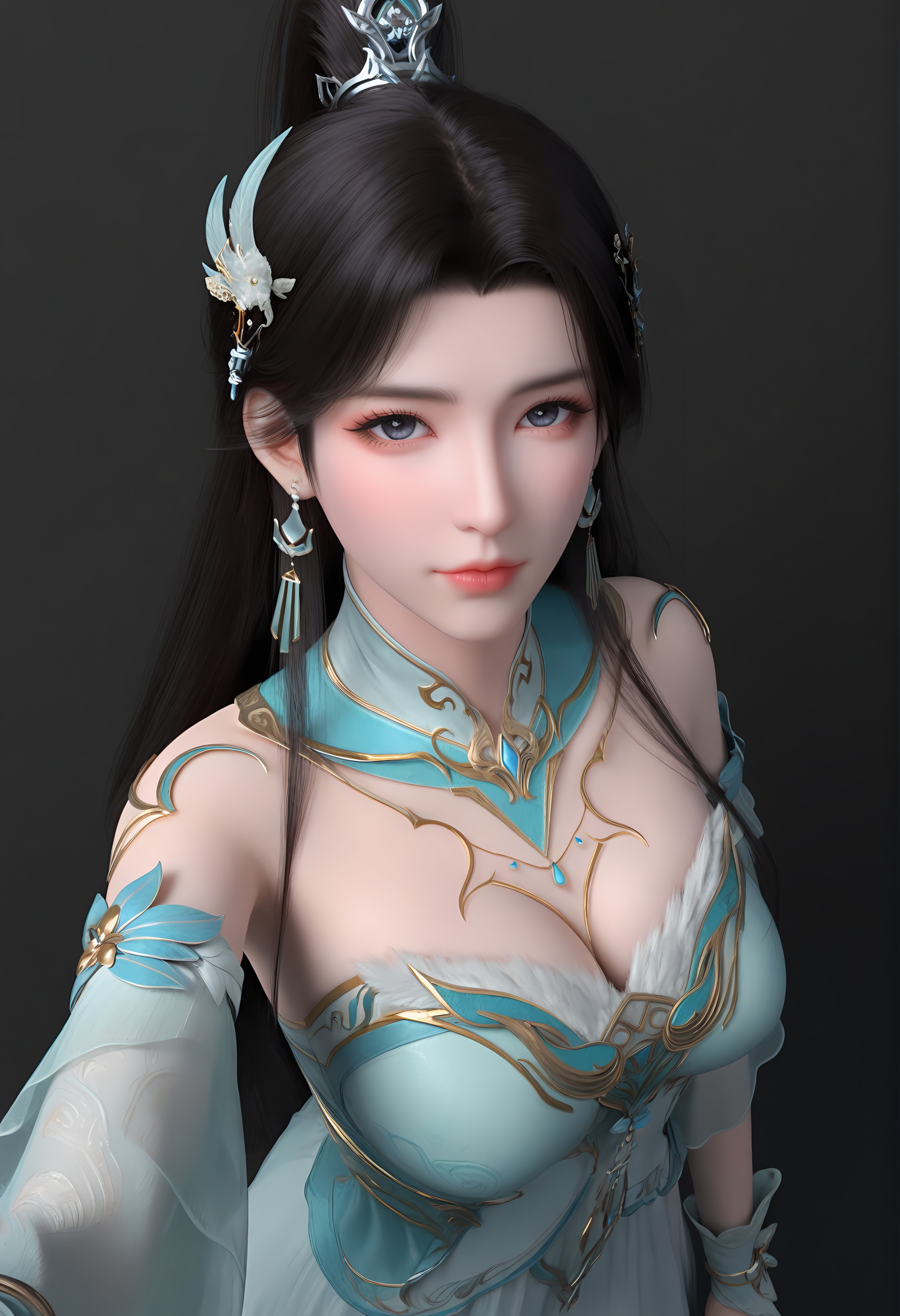 (score_9),<lora:古熏儿2-apony:0.82>,guxuner,1girl,solo,long hair,hair ornament,earrings,ponytail,hair tie,gold accessory,gold accessory,detached collar,jewelry,dress,detached sleeves,wrist cuffs,mature_female,collarbone,large breasts,cleavage,BREAK<lora:Expressive_H-000001:0.8>,light blush,Expressiveh,looking at viewer,front view,dutch angle,dynamic_angle,from above,selfie,v sign,closed mouth,<lora:e肤色滑块:0.25>,fair_skin,(pale skin),ultra-detailed skin texture,detailed textures,<lora:皮肤凹痕:1.2>,<lora:RealisticSkinv1_ponyv6_loraplus:0.3>,real skin,BREAKsimple background,black background,<lora:e色温:0.25>,4K ultra HD,sharp focus,high detail,high contrast,