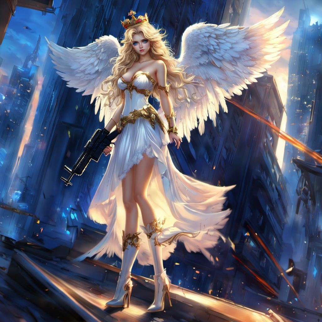 white wings, 1girl, wings, gun, weapon, blonde hair, blue eyes, high heels, angel wings, long hair, feathered wings, dress, breasts, boots, white dress, solo, high heel boots, tiara, building, city, holding, looking at viewer, angel, bare shoulders, strapless dress, handgun, wavy hair, holding gun, lips, full body, standing, crown,<lora:xltk:0.7>,