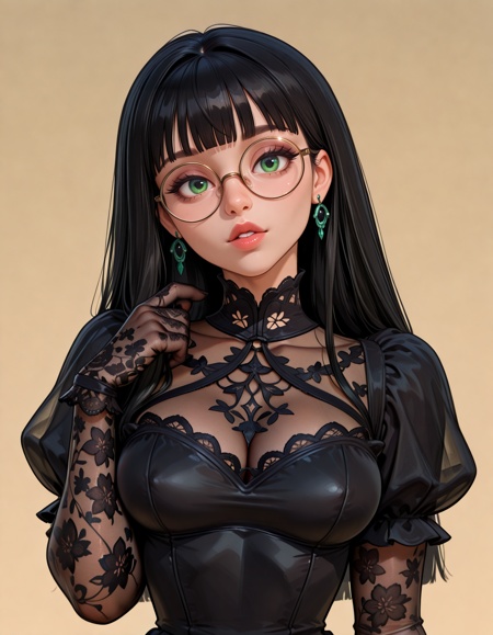 cartoon, perfect quality, high quality, masterpiece, absolutely eye-catching, absurdres, newest, detailed eyes, realistic eyes, (beautiful and aesthetic), very awa, newest, cinematic, 1girl, close up, lace gloves, black gloves, earrings, long hair, bangs, looking at viewer, black dress, blunt bangs, simple background, black hair, green eyes, parted lips, glossy lips, see-through, straight hair, medium breasts, round glasses, rimless glasses, gothic kawaii style, head tilt, posing