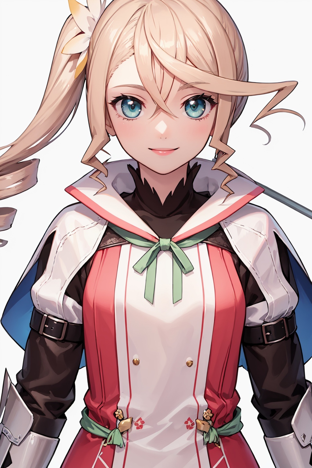 masterpiece,best quality, highly detailed, alisha diphda,1girl, solo, smile, side ponytail, white background, armor, polearm, looking at viewer, upper body, ribbon,<lora:alisha_diphda:1>