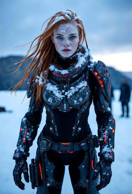 frostpunk style  old  athletic female (XX)  character, Slender build, extra long straight down fiery hair, , (covered in snow, frost, and/or icicles), wearing a neon blue heated bodysuit, rugged terrain boots, mechanized exosuit, set in  an icy wasteland where a scavenging party searches for scraps of technology among the frozen debris. , at dawn,