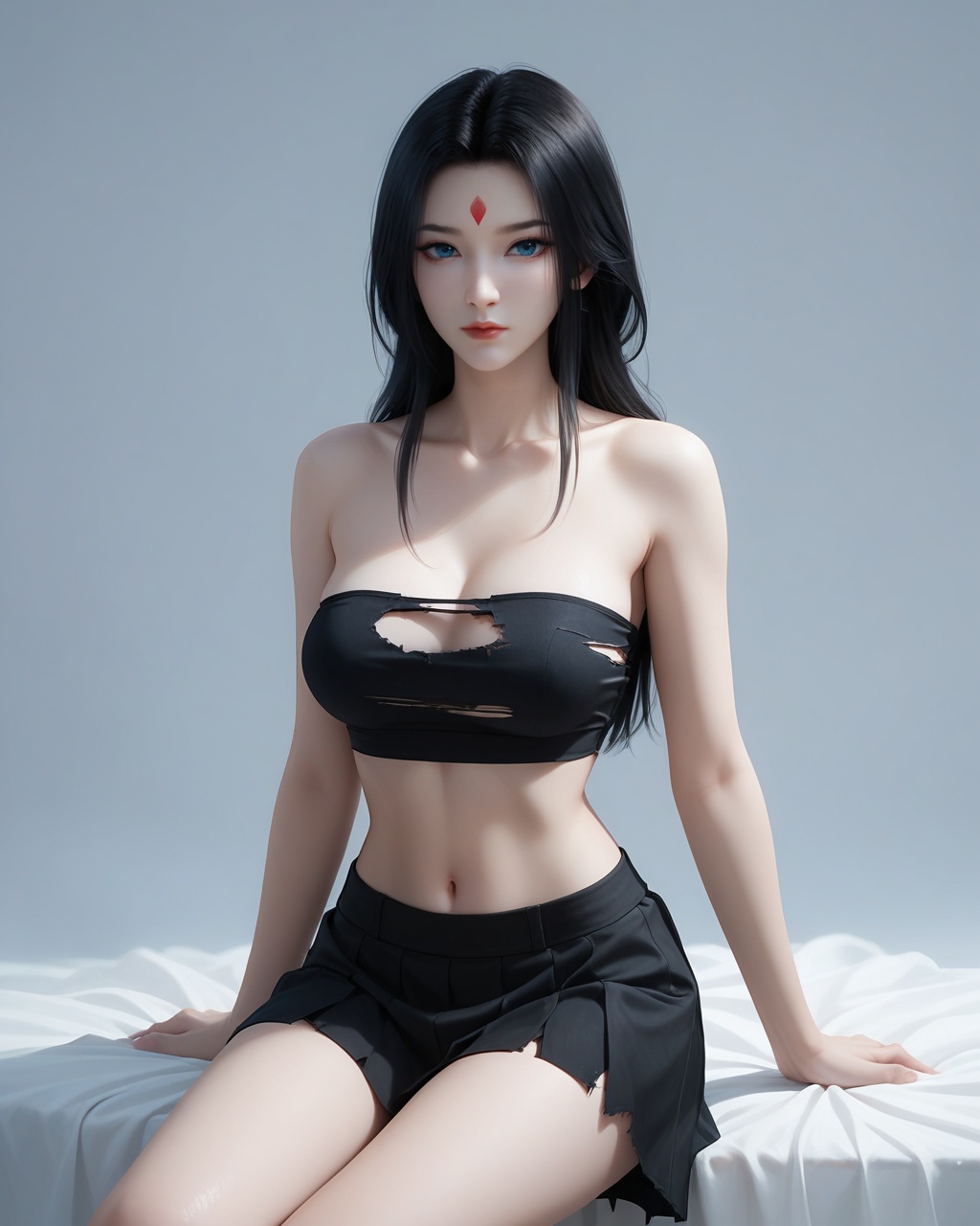 score_9,score_8_up,score_7_up,<lora:wy_shixiao_XL7.0:0.8>,1girl,long hair,blue eyes,black hair,skirt,sitting,thick_thighs,breasts,medium breasts,black skirt,midriff,forehead mark,torn clothes,bare shoulders,strapless,tube top,bare arms,looking at viewer,crop top,collarbone,wetting,dark,simple background,black_background,