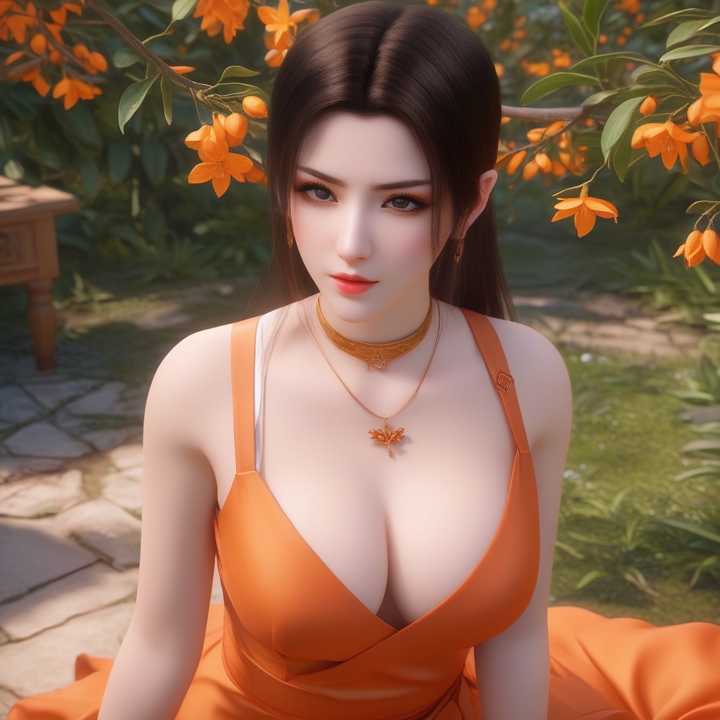 <lora:850-DA-XL-斗破苍穹-美杜莎-红色睡衣:0.8>, (,1girl, ,best quality, ),,  ,ultra realistic 8k cg,, ,masterpiece, (( , )),, ,      ,  orange blossoms,  (cleavage),,  (), ,(sit),