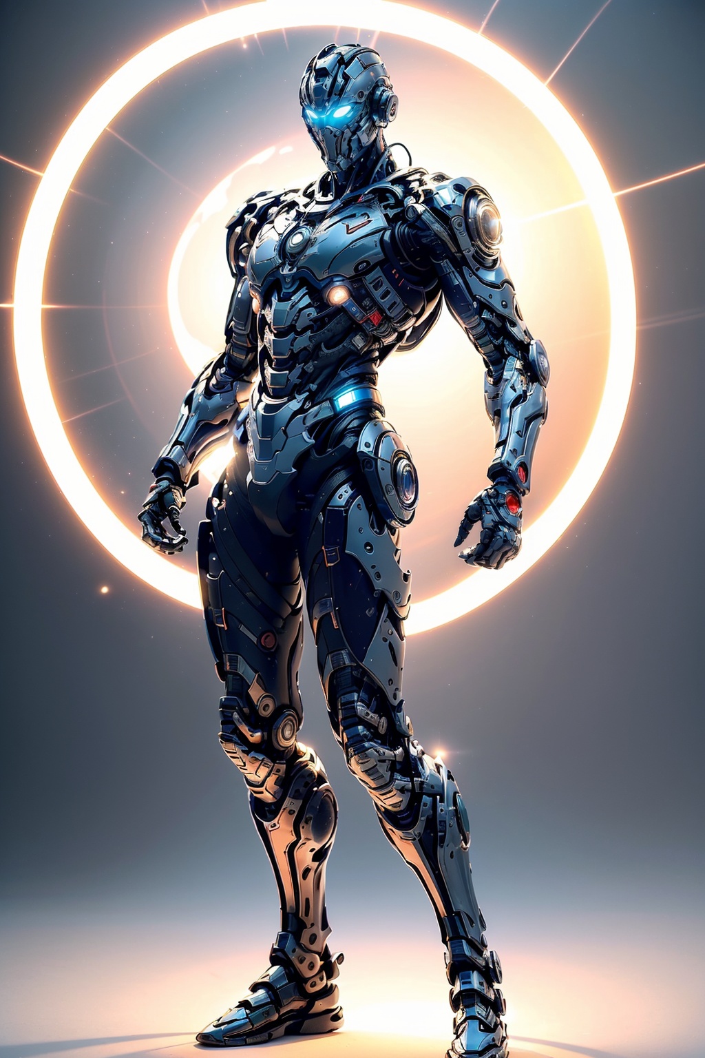 masterpiece,best quality,(highly detailed),boy  soldier,strong,cyborg,(full body:1.3),(bright lighting:1.3),wide angle,(white background:1.3),<lora:hjyrobo5-000010:0.75>,complex body,(red and black),(stand on shining blue light circle Science Fiction Portal:1.2),slivery,light beam,shining body surface,