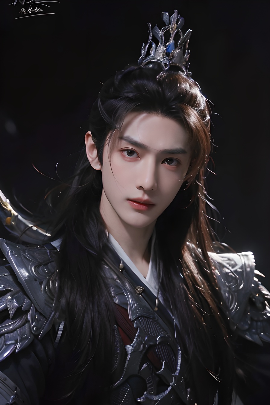 solo, 1boy, male focus, black hair, armor, long hair, realistic, crown, looking at viewer, signature, lips, weapon, closed mouth, upper body, <lora:古风男2.0:0.8>